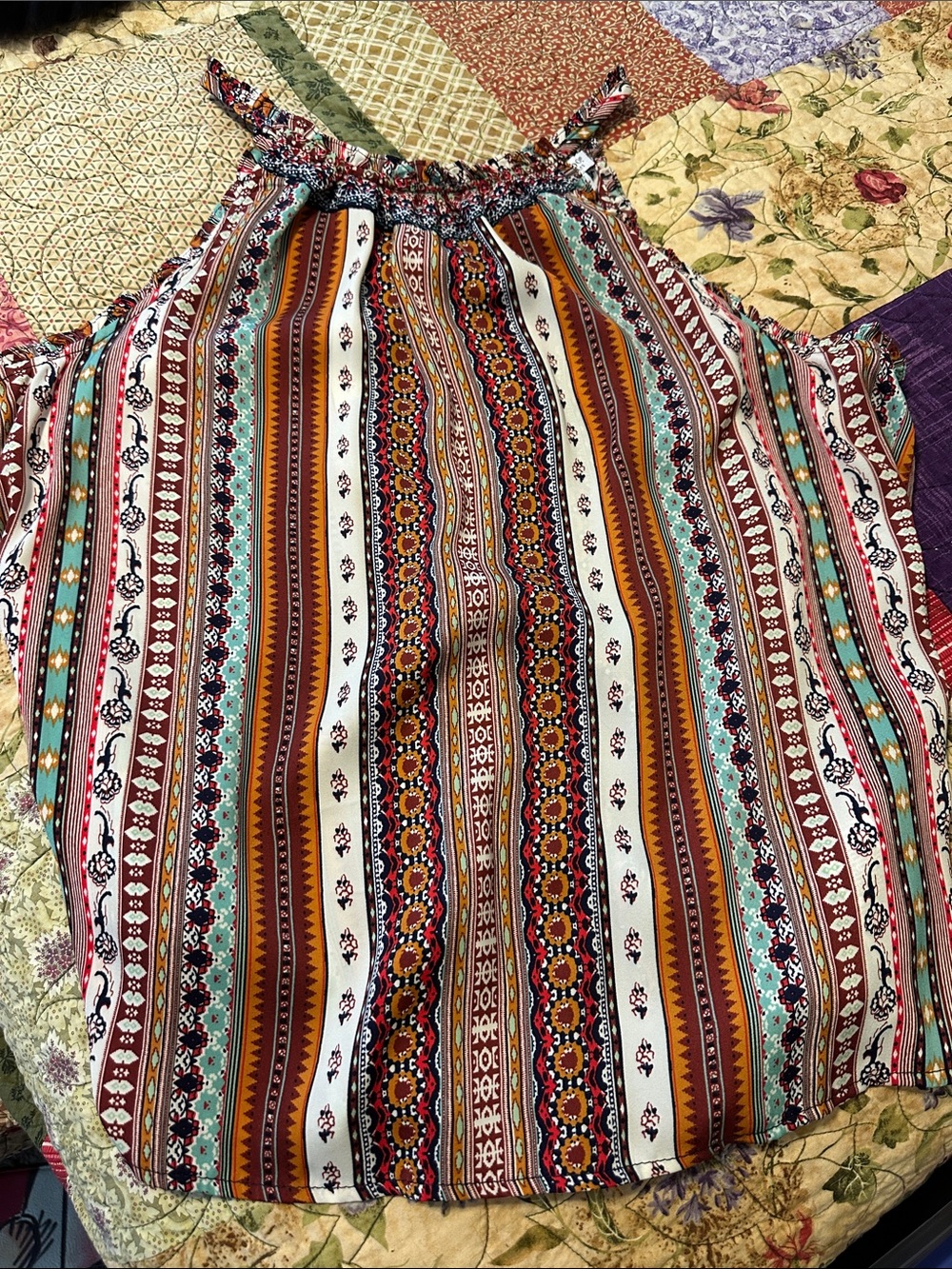 Liverpool Striped Boho Halter Tank in Rust, Teal & Cream